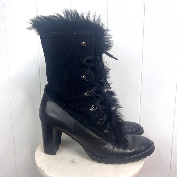 Coach Lizbet Black Leather and Suede Faux Fur Heeled Boots SZ 10 - Picture 1 of 5